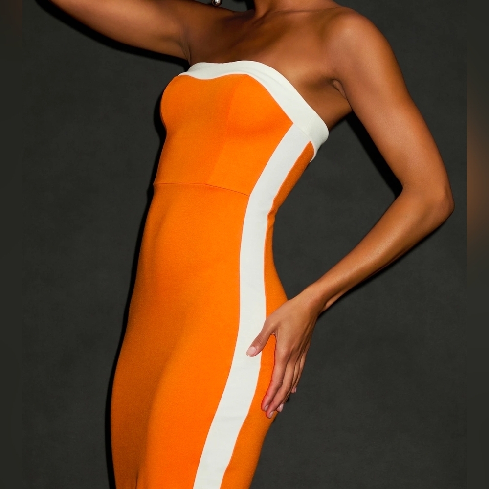 Lulus Impressive Edge Orange Color Block Strapless Midi Dress, Size Medium - Picture 4 of 11